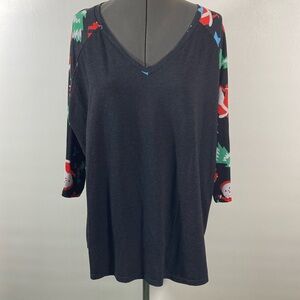 Roshop Christmas Top Women V Neck Black w Christmas Printed 3/4 Sleeves